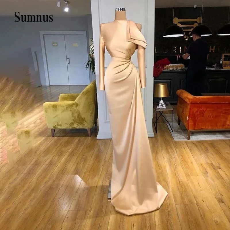 

Fashion Wedding Dress O-neck Solid Satin Long Sleeve Tight Waist Pleat Bride Gown Women Prom Party Marriage Robe de Mariee