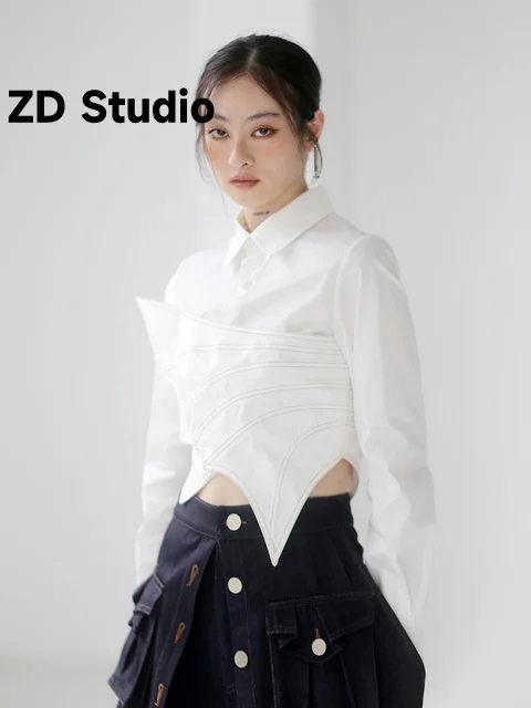 

[ZD Studio] Women White Irregular Shaped Topstitched Blouse New Lapel Long Sleeve Loose Fit Shirt Spring Autumn 2023