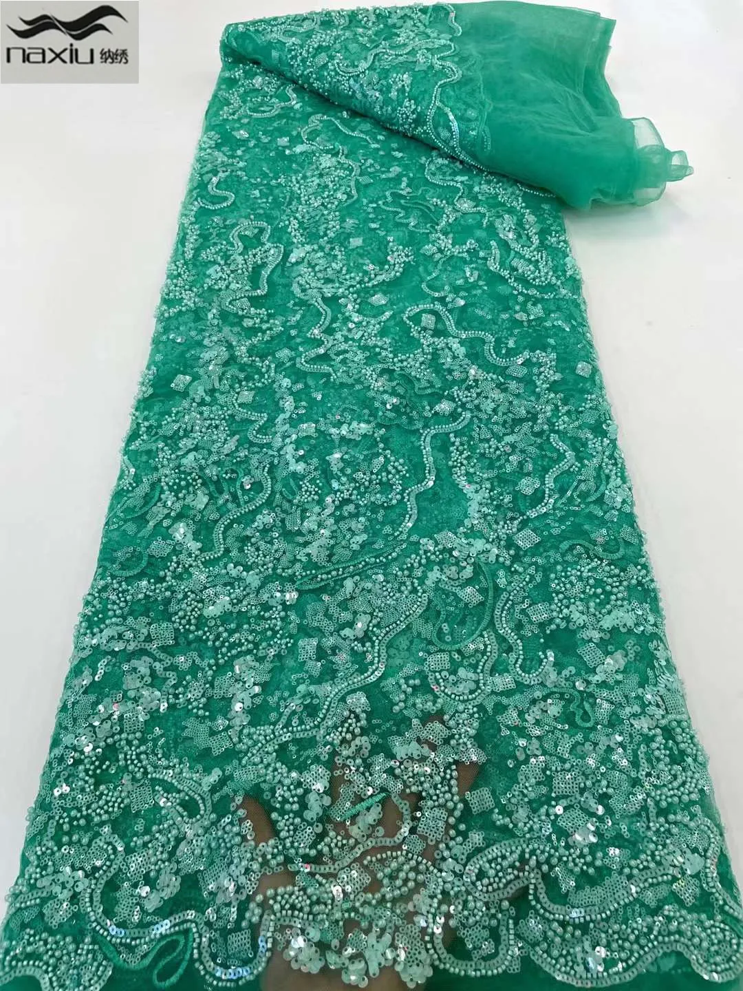 

Madison African Lace Fabric High Quality Sequins Beaded Embroidery Nigerian Lace Fabrics French Tulle Lace Material for dress