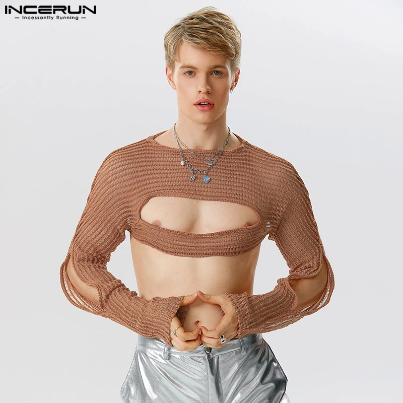 

Стильная Клубная одежда, Стильные топы INCERUN, новые мужские сетчатые укороченные футболки с вырезами, сексуальная модная мужская футболка с длинным рукавом, модель 2023 года