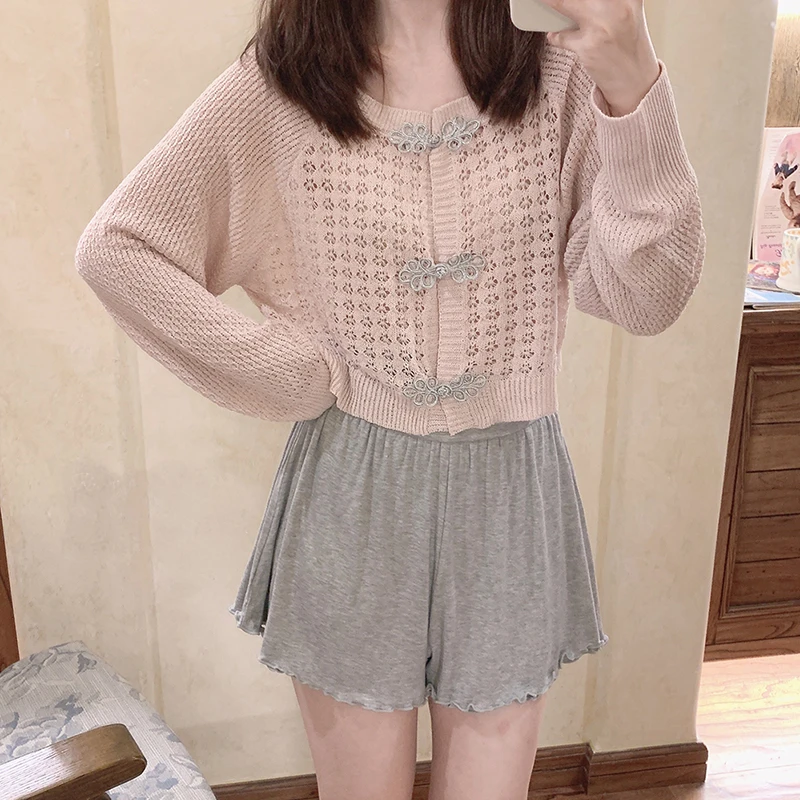 

Pink Knitted Cardigan Women Summer Hollow Out Chinese Style Button Raglan Sleeves Short Sweater for Sweet Girl Kawaii Clothes