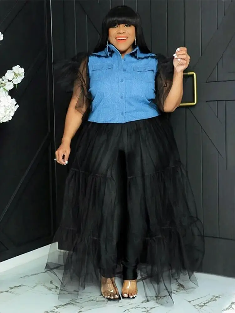Summer Women Plus Size Clothing Large Size Dress Denim Patchwork Mesh Long Dress Short Sleeve Dress Shirt Wholesale Dropshipping
