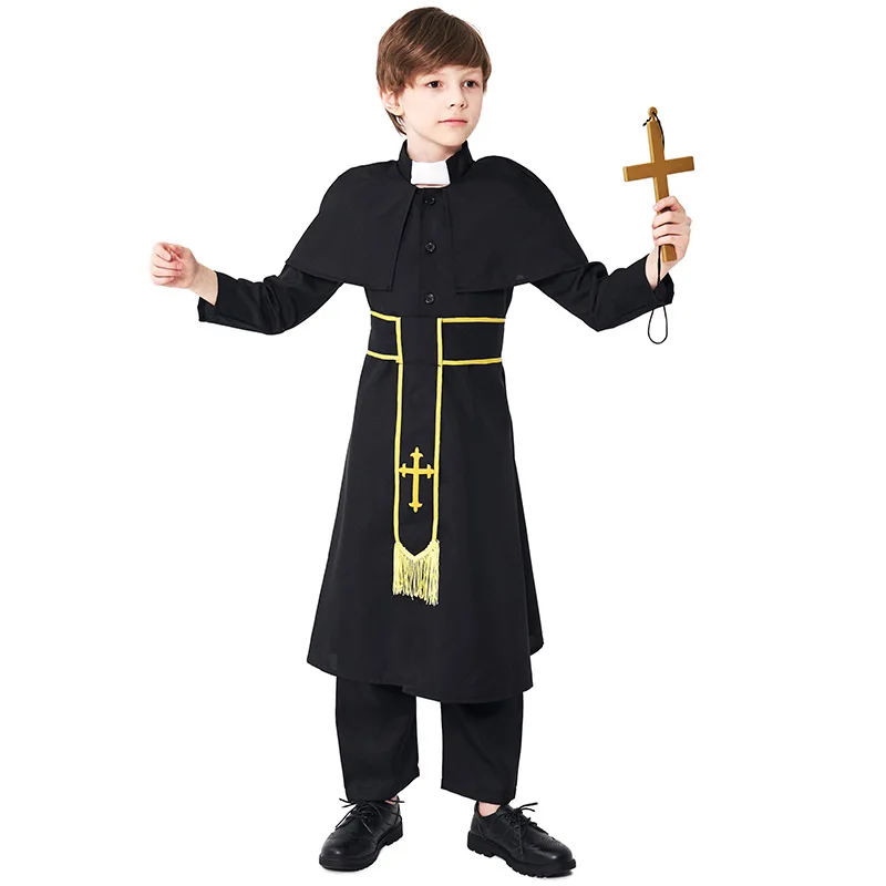 

Kids Black Noble Priest Costume Boys Religious Pastor Father Costumes Halloween Purim Party Mardi Gras Fancy Dress Up