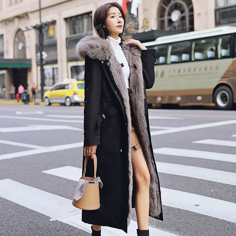 

2021 winter new style to overcome female detachable fox fur collar rex rabbit fur liner thickened long faux fur coat