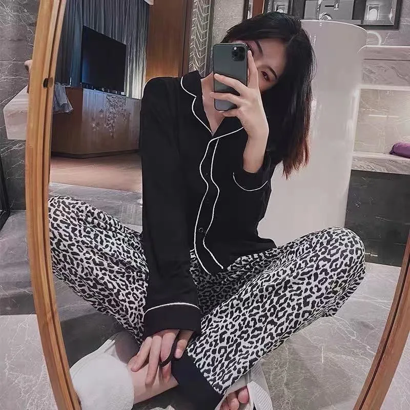 

Long Sleeve Black Leopard Pajamas Set Autumn Winter Women Top Loungewear Nightwear for Women Sleepwear Set Youth Girl Tracksuit