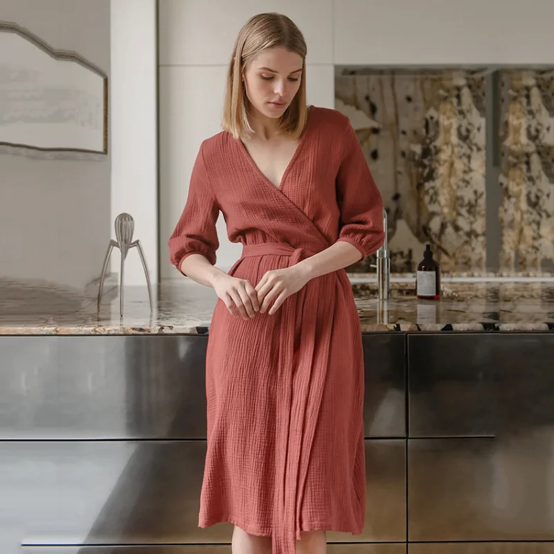 Women's Robe Pajamas Simple Loose Comfortable Bride Nightgown Five Quarter Puff Sleeves Cotton Solid Color Women's Sleepwear