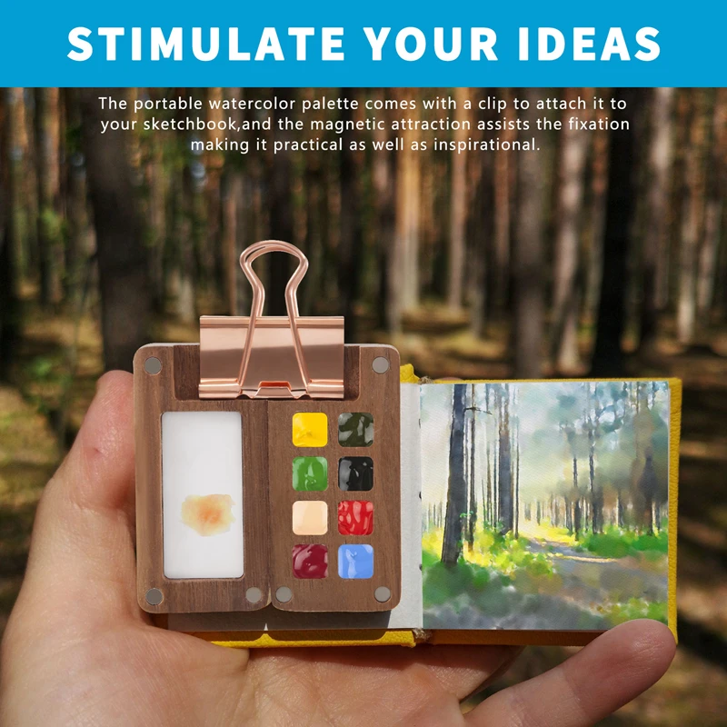 8 Grid Portable Sketchbook Palette Wooden Colour Box Mini Travel Paint Tray With A Clip (Without Paint)