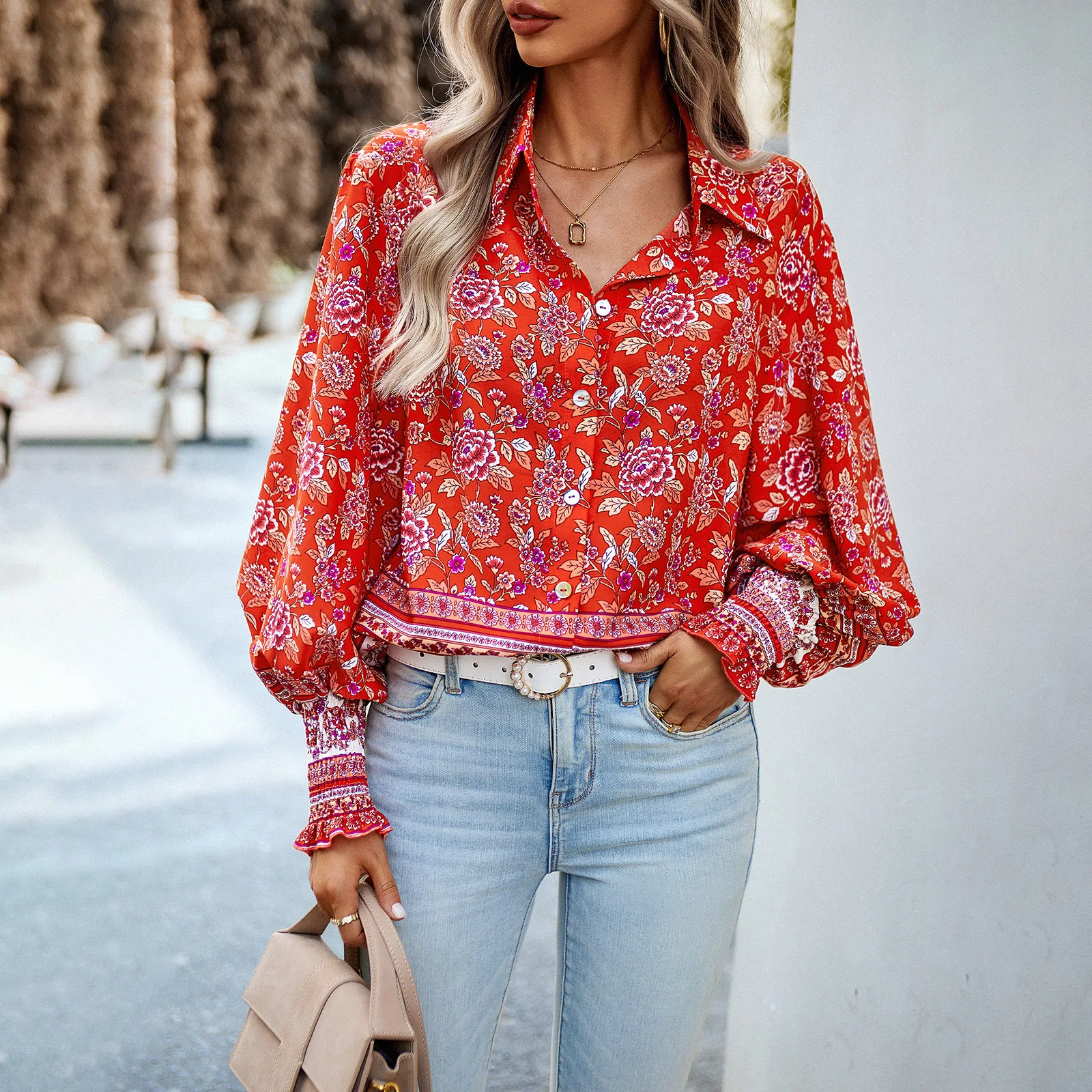 

Fashion Woman Floral Print Shirts 2023 Casual Single Breasted Turn-down Collar Blouses Streetwear Ladies Long Sleeve Shirt Tops
