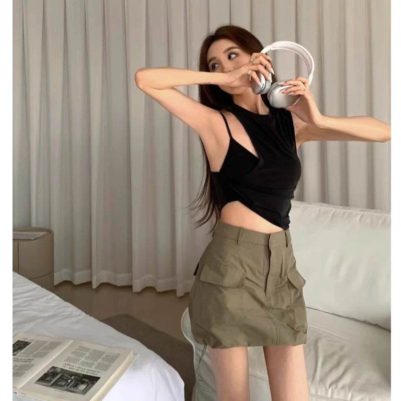 

Женская футболка на бретельках, черная Асимметричная модная Однотонная футболка в стиле Y2K, лето 2023, новая женская одежда, топы