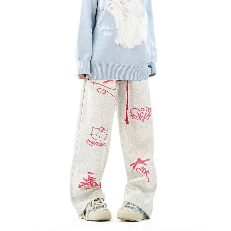 

Sanrio Hello Kitty American Street Sweatpants Loose Straight Leg High Waist Kitty Print Autumn winter Casual Pants Women Trend