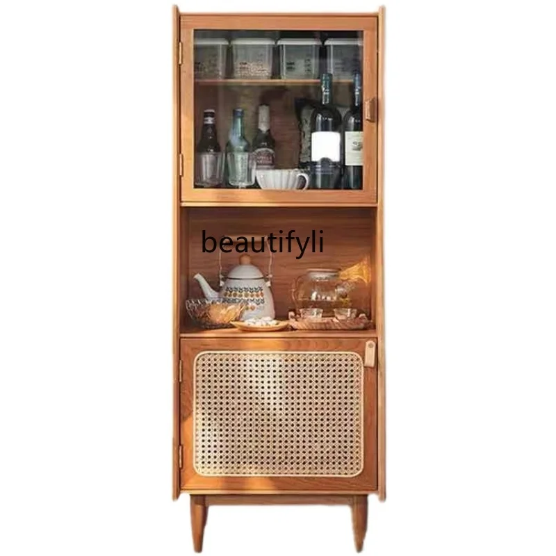 

Rattan Narrow Sideboard Cabinet Japanese Style Integrated Wine Cabinet Wall Locker Solid Wood Ultra-Thin Tea Cabinet