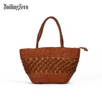 woven leather tote bags single shoulder calf hides knitting bag hand crafted handmade women luxury designer lady wristlets