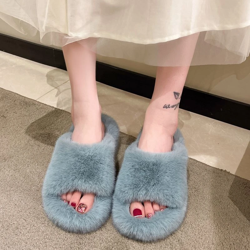 

Women's Slippers Autumn Winter Wool Warm Women Shoes Outdoor Leisure Furry Slides Women Fashion Flat Non-slip Ladies Slippers 42