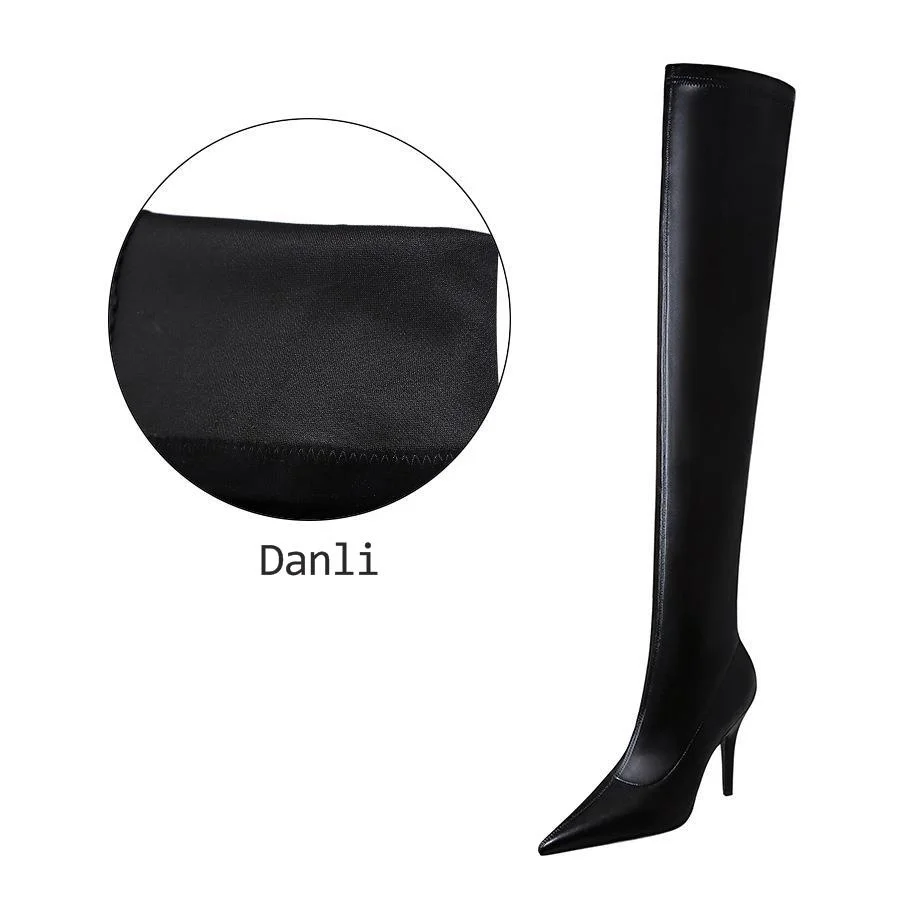 Women's High Heel Fashion Black Platform Boots Sexy Nightclub Show Thin Pointed Pedicure Over Knee Winter Shoes Square Toe Heels