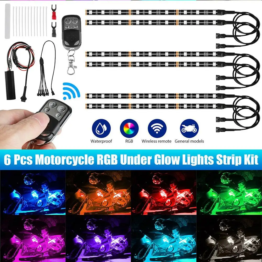 

1 To 6 Motorcycle Led Lights Colorful Rgb Atmosphere Lamp Wireless Remote Voice-activated Music Rhythm Lights Strips Kit