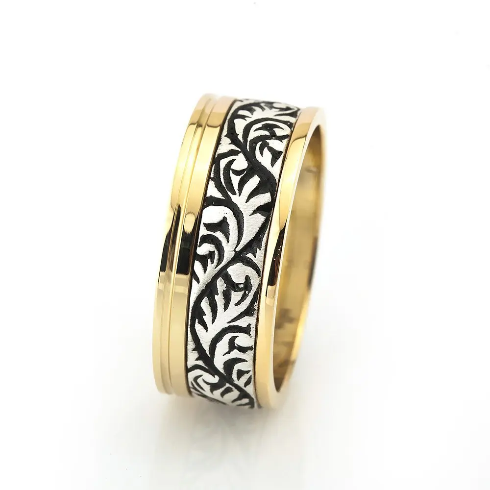 

Creeper Pattern Embroidered Gold Color 925 Sterling Silver Men 'S Wedding Ring