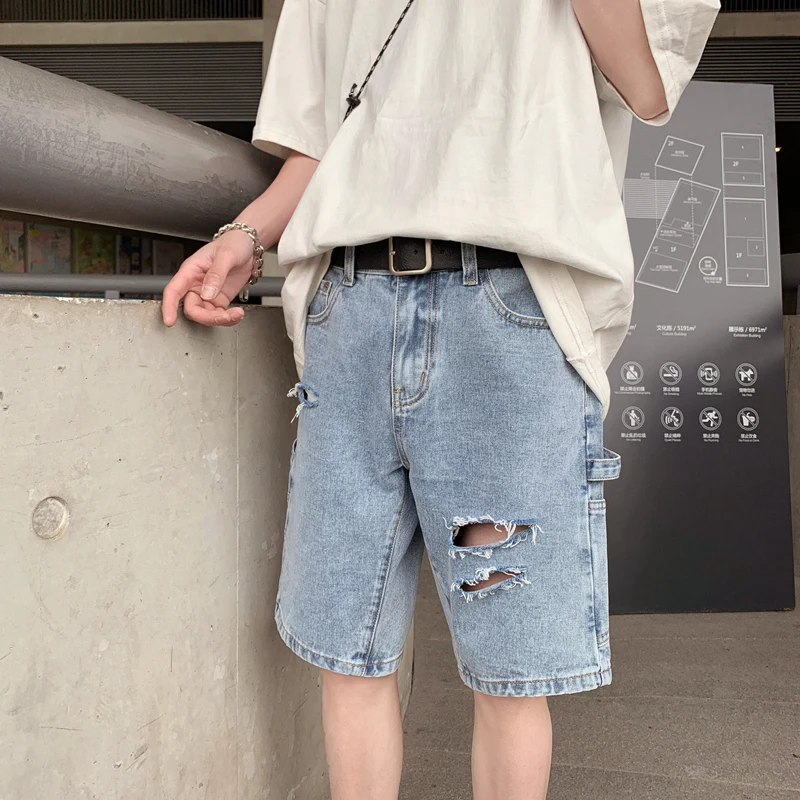 

2022 Summer New Men's Denim Shorts Korean Style Ripped Retro Blue Streetwear Baggy Short Jeans Male Brand Clothes