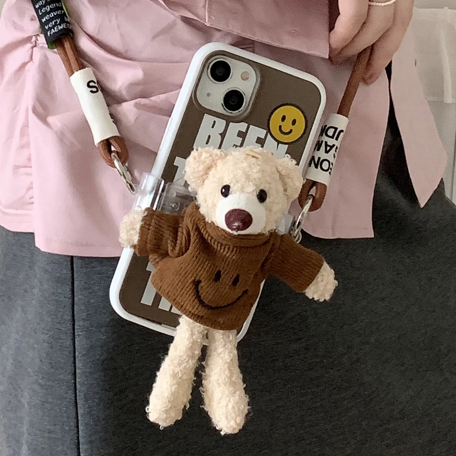 

Cute Plush 3D Bear 2-in-1 Removable Silicone Back Covers For iPhone 14 13 12 11 Pro Max With Lanyard Strap Crossbody Phone Case