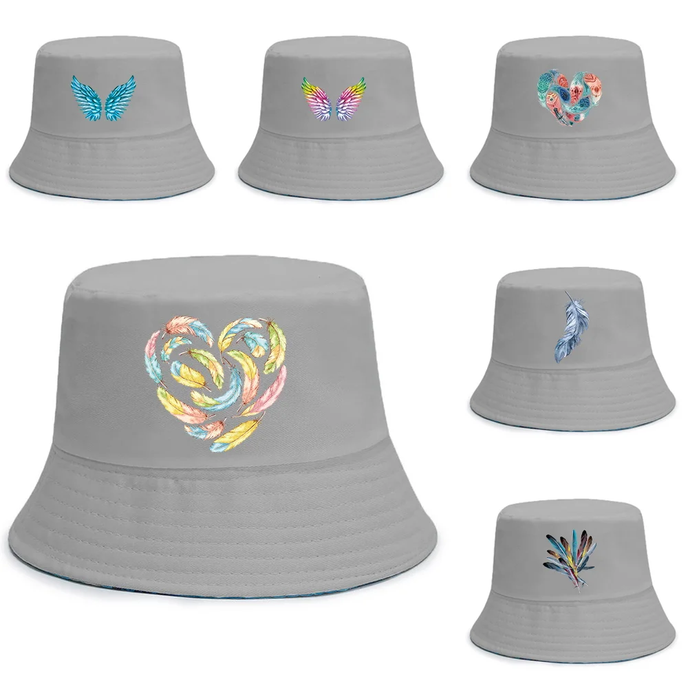 

Fashion Bucket Hats Men Women Cotton Outdoor Reversible Fisherman Caps Beach Fishing Hat Girl Boy Feather Series Chapeau Cap
