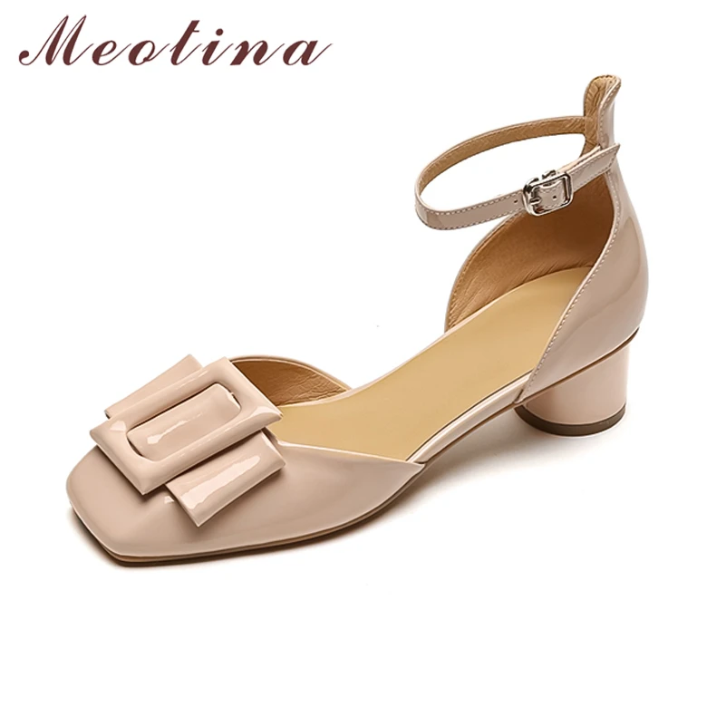 

Meotina Women Patent Genuine Leather Ankle Strap Two-Piece Pumps Square Toe Block Mid Heels Buckle Bow Lady Shoes Spring Autumn