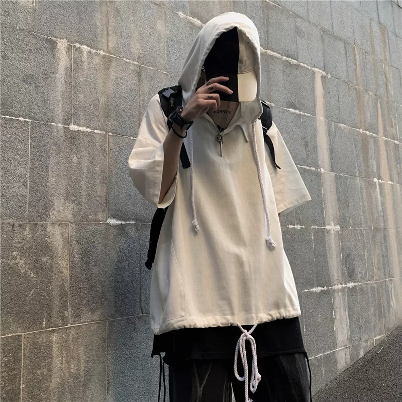 

2023New Street Summer Men's Hoodie Casual Short Sleeve T Shirt Hooded Sweatshirts Streetwear Male Hip Hop Loose Clothing Top