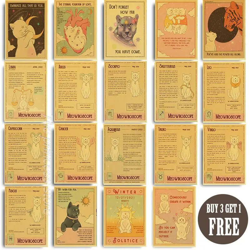 

Vintage Tarot Constellation Cat Posters Kraft Paper Witchcraft Sun Moon and Pisces Aries Room Decor Wall Printing