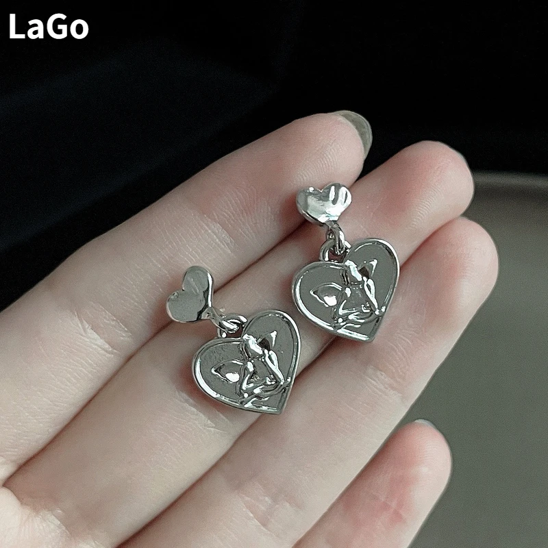 

Modern Jewelry 925 Silver Needle Heart Earrings Simply Design Sweet Korean Temperament Love Drop Earrings Wholesale