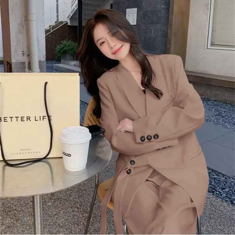 2023 Spring Women Blazers and Wide Leg Pants Set Solid Brand New Autumn Lace Up Loose Lightweight Elegant Suit 2 Piece