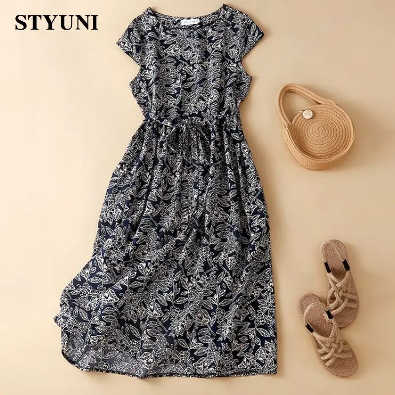 

Vintage Floral Printing Cotton Linen Round-Neck Elastic Waist Lace Up Women's Dress 2022 Short Sleeve Mid-Calf Dresses For Women