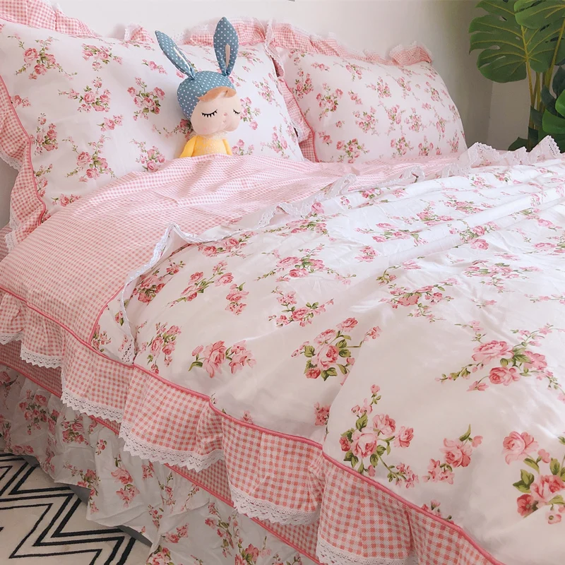 

French Romantic Rose Bedding Set Pastoral Korean Bed Sheet 2 People Pink Floral Quilt Cover Pure Cotton Lace Princess Bed Decor