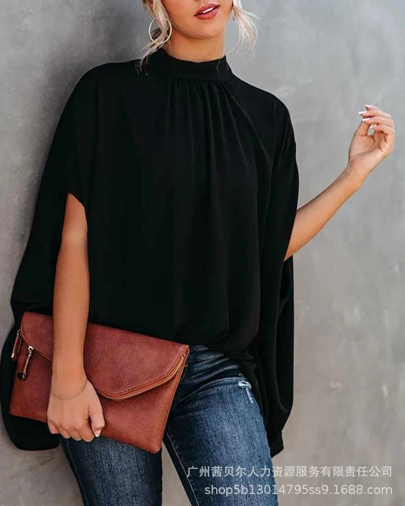 

Soild Office Lady Tops Spring 2022 New Cloak Bat Sleeve Loose Shirt Hollow Out Design Women Clothes