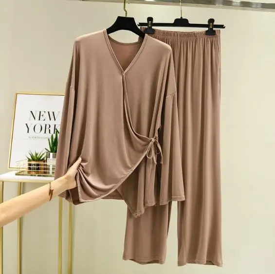 Loose Pijamas Women New Autumn Winter Sleepwear Pajamas Set Casual V-neck Nightwear Female Home Clothes Modal Cotton Pyjama Suit
