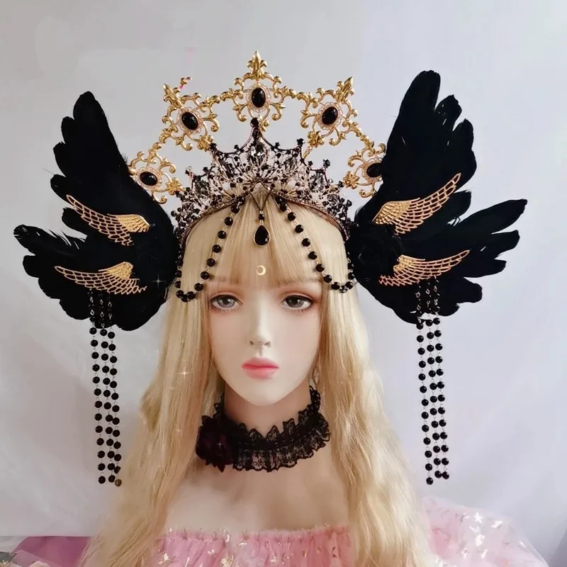 

Black Bead Chain Baroque Gothic Rose Angel Wings Sun Godmother's Retro Gorgeous Halo Lolita KC Crown Hair Accessories