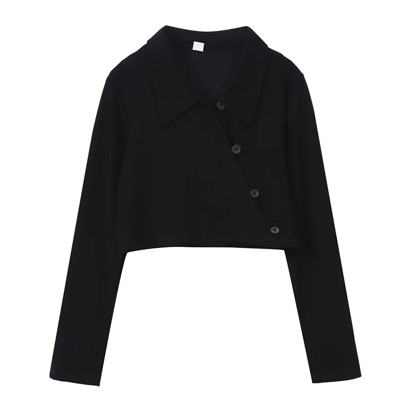 

Grey Black Streetwear New Casual Single Breasted T-Shirts Female Spring 2021 Loose Long Sleeve Solid Cropped Cardigan Crop Tees