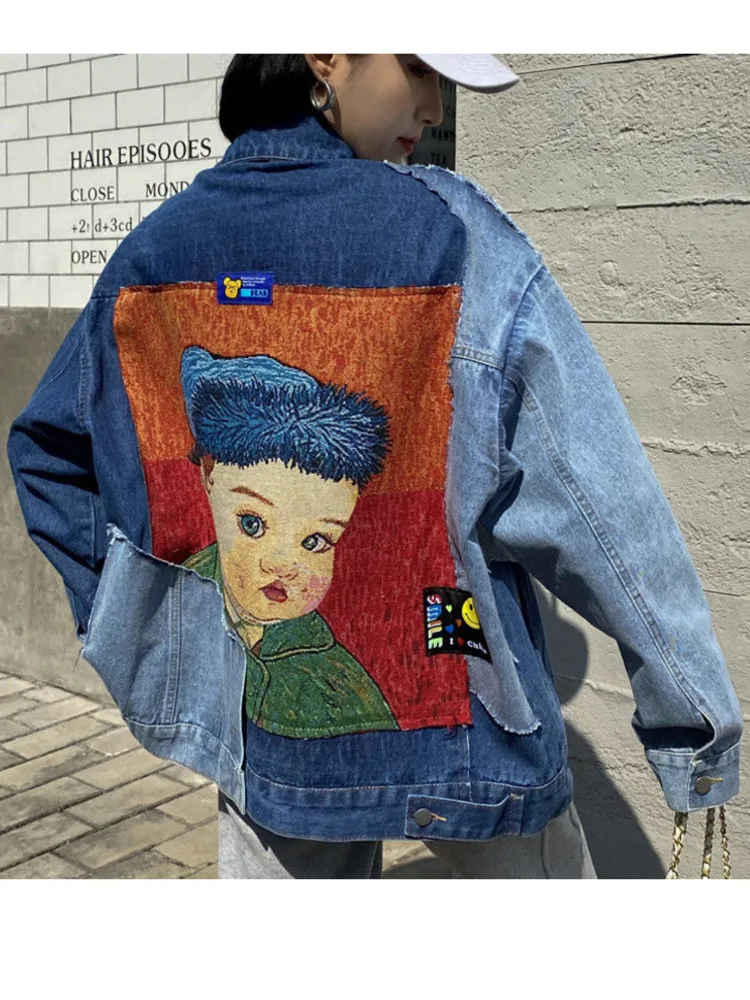 

2202 Spring New Fashion Denim Jacket Women's Middle And Long Hip Hop Front And Back Stitching Back Pattern Embroidery Loose