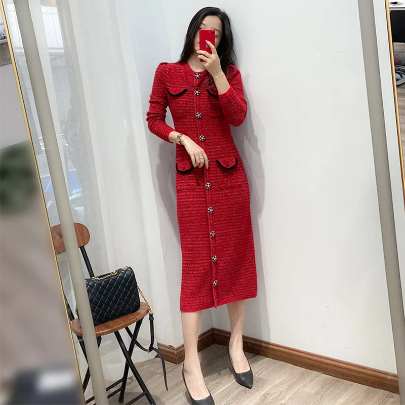 

Winter Red Color Thic Fabric Wool Fabric Women Straight Dress Full Sleeves Crystal Buttons Elegant Party Evening Long Dresses
