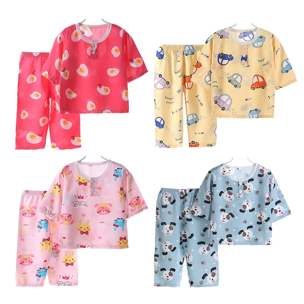 

New 2022 Kids Boys Girls Summer Pajama Sets Poplin Long Sleeve O-Neck Cute T-Shirt Tops with Pants Toddler Sleeping Clothes Set