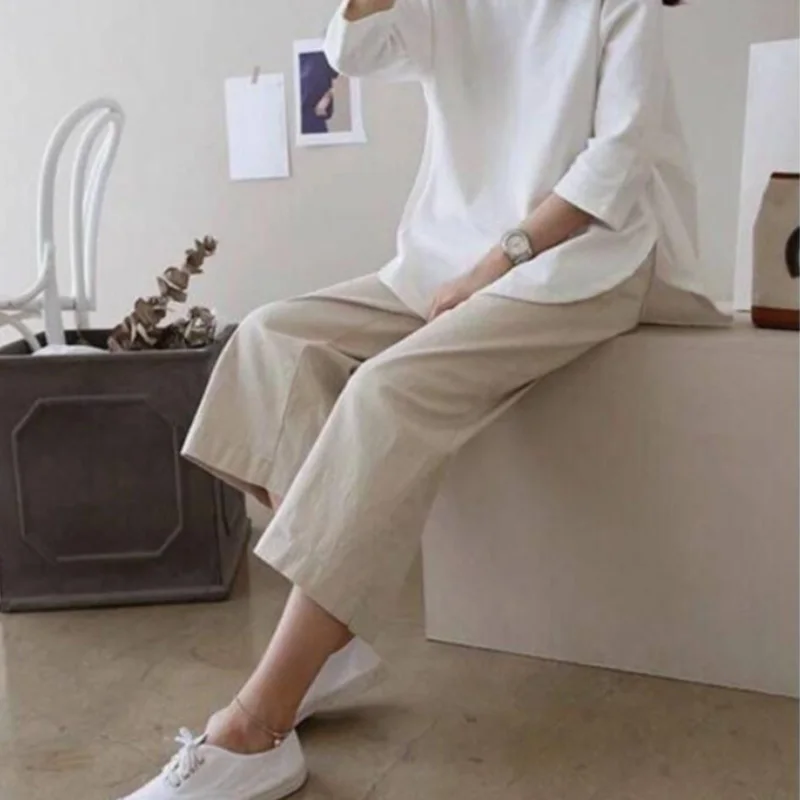 1pc Summer Pants Cotton Linen Wide Leg Pants Straight Pants High Waist Fashion Casual Loose Solid Color Trousers For Women