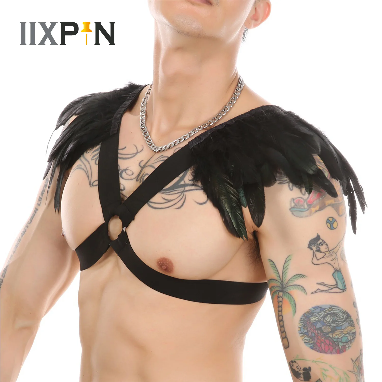 

Мужской стиль, готический корсет с перьями, металлическое кольцо, ажурный жилет, топы, сексуальный нагрудный ремень на плечо вечерние костю...