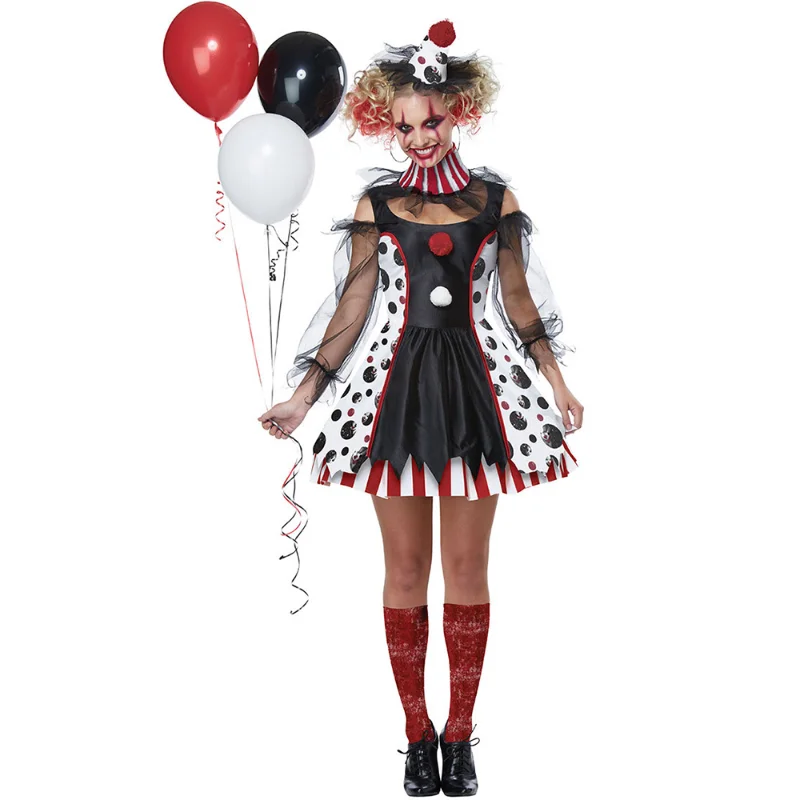 

Women Evil Clown Joker Costumes Cosplay Woman Halloween Carnival Purim Funny Party Dress Up Adult Female Uniform