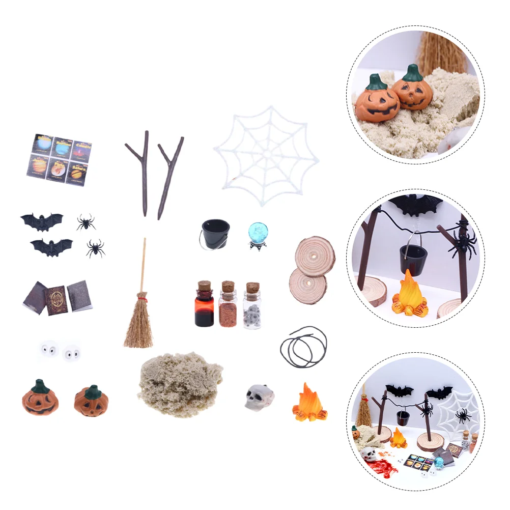 

26 Pcs Halloween Miniatures Bulk House Toys Dollhouse Broom Crafts Wood Tiny Spider