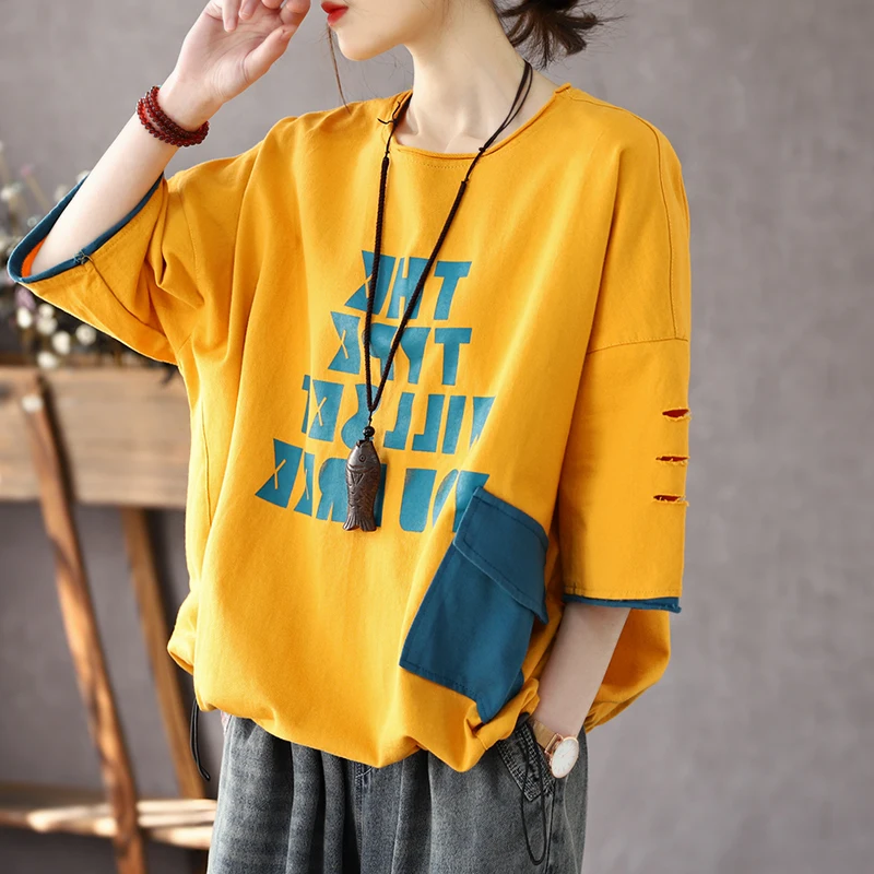 Mid-length Pocket Design Letter Printed Color Matching Ripped Short-sleeved T-shirt Women's 2022 New Large Size Women's Art Top