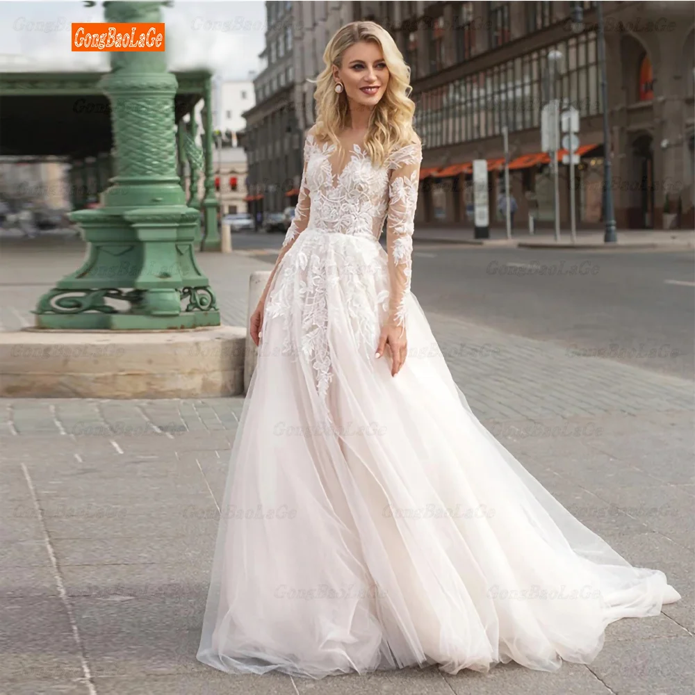 

2022 Boho Long Sleeves Lace Appliques Wedding Dresses Elegant O-Neck A-Line Tulle Sweep Train Bridal Gowns For Women Customsize