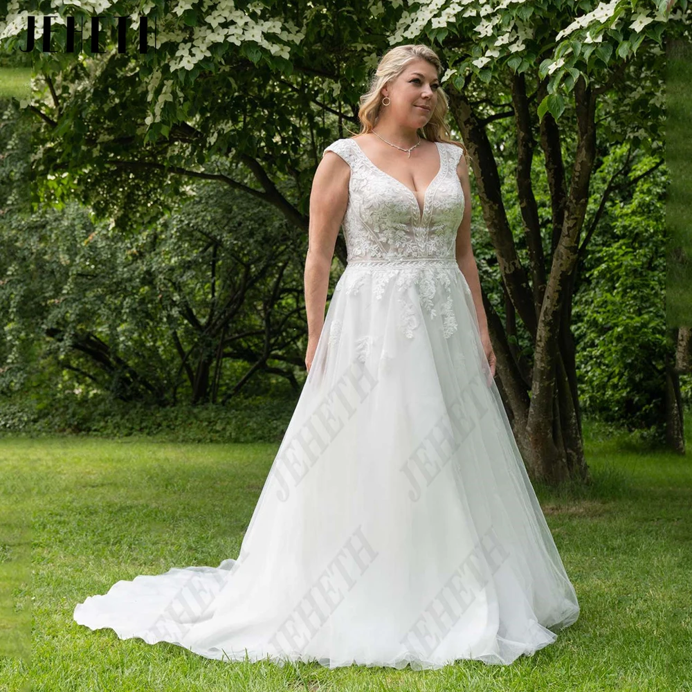 

JEHETH Pastrol Wedding Dresses Cap Sleeves V-Neck Zipper Back Bride Gowns Lace Applique Plus Size A-Line vestidos de novia