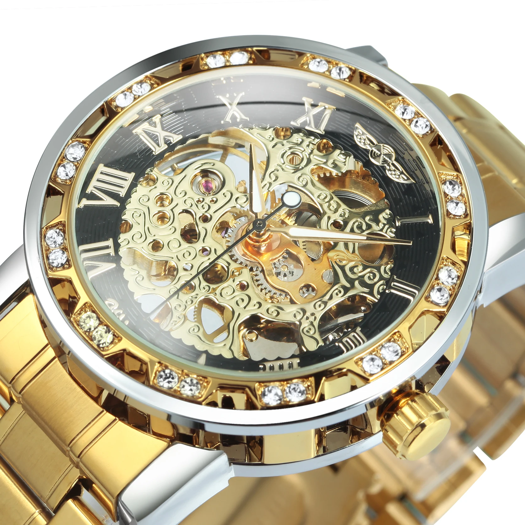 

WINNER Transparent Skeleton Mechanical Watch for Men Fashion Diamond Luminous Mens Watches Top Brand Luxury Steel Strap Unisex