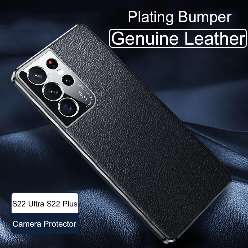 

Case S22 Ultra Genuine Leather Phone Case For Samsung Galaxy S22 S21 Plus Plating Silicone Bumper Camera Lens Protector Cover