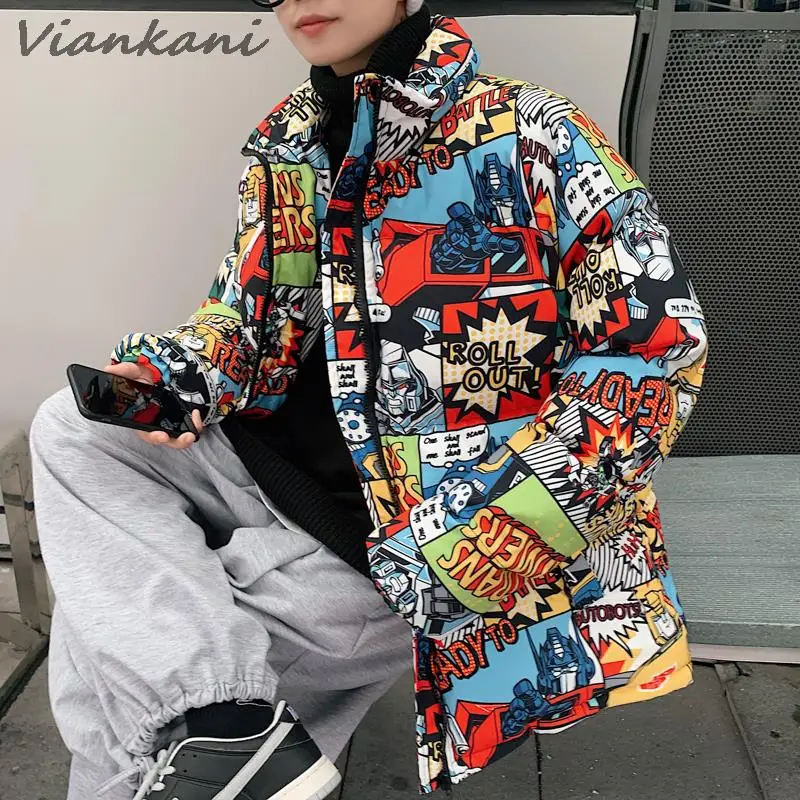 2022 Hip Hop Winter Men Parkas Casual Oversized Warm Korean Streetwear Cartoon Print Coat Fashion Thicken Zipper Mens Jackets