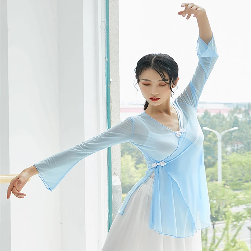 Классический танцевальный топ с разрезом боковой подол сетчатая рубашка