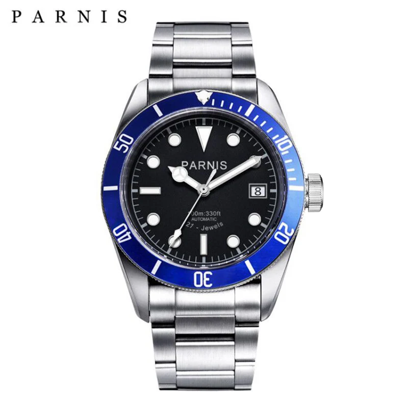 

Мужские автоматические механические часы Parnis 41 мм с синей рамкой, часы с сапфировым стеклом и браслетом из нержавеющей стали, роскошный бре...