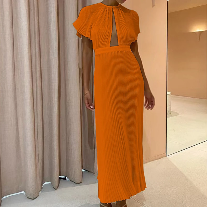

Elegant Pleated Dress For Women Fashion Flare Sleeve Backless Dresses Spring Hollow Out O Neck Lady Solid Dress